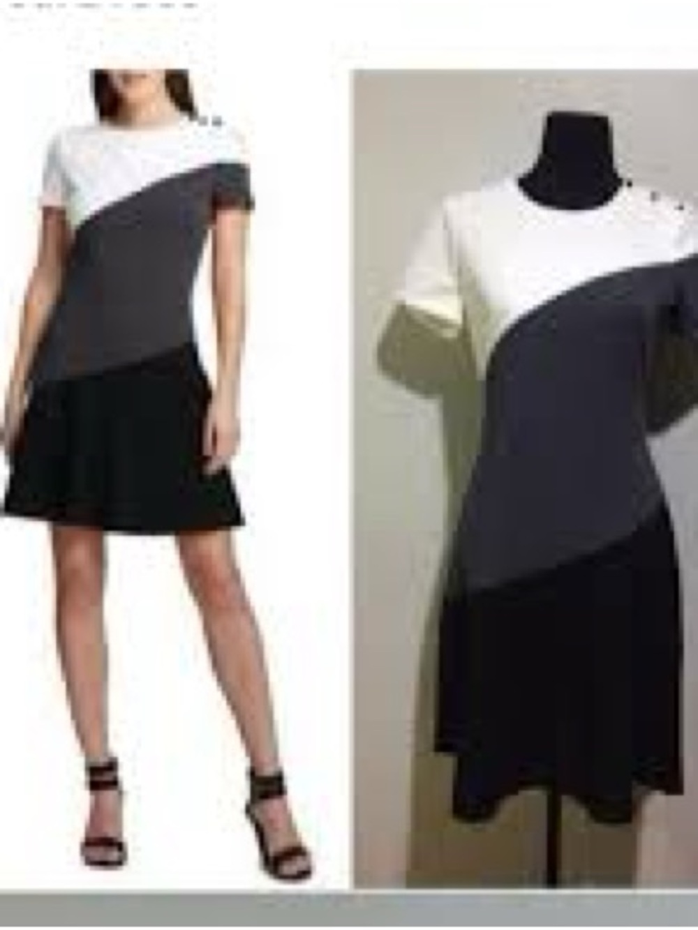 DKNY White, Gray & Black Diagonal Colorblock Short Sleeve Dress